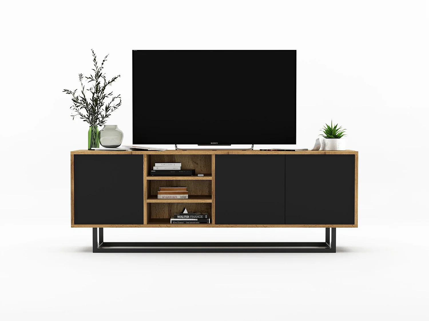 Meuble TV avec 3 portes et 1 niches - carcasse chêne wotan façades noir mat - 150 cm, cadre métallique