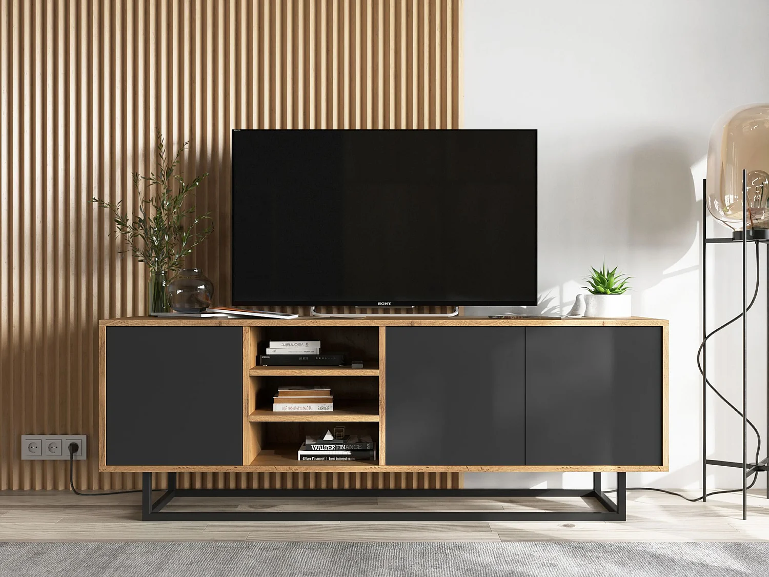 Meuble TV avec 3 portes et 1 niches - carcasse chêne wotan façades noir mat - 150 cm, cadre métallique