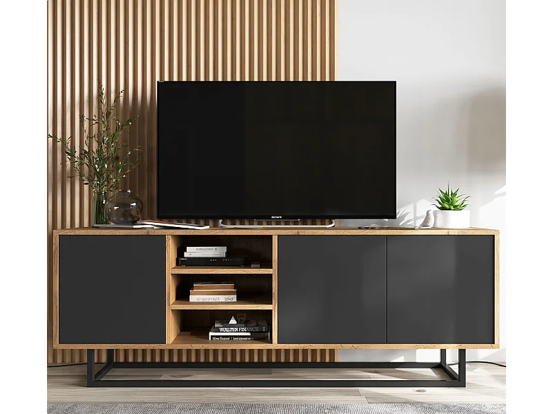Meuble TV avec 3 portes et 1 niches - carcasse chêne wotan façades noir mat - 150 cm, cadre métallique