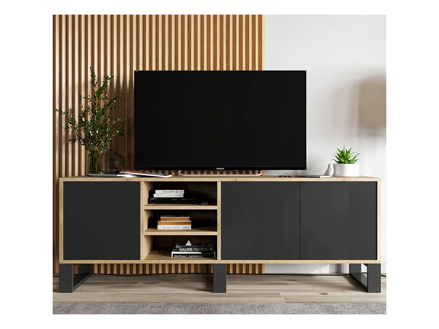 Meuble TV avec 3 portes et 1 niches - carcasse chêne wotan façades noir mat - 150 cm, pieds en métal