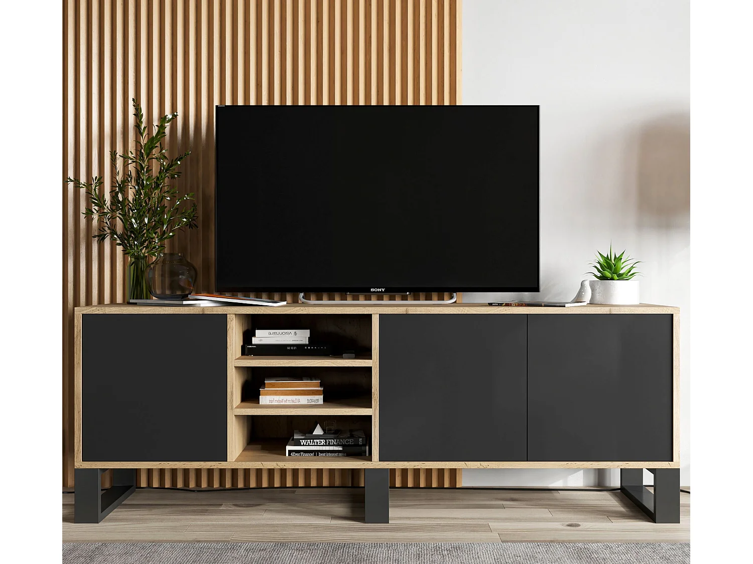 Meuble TV avec 3 portes et 1 niches - carcasse chêne wotan façades noir mat - 150 cm, pieds en métal