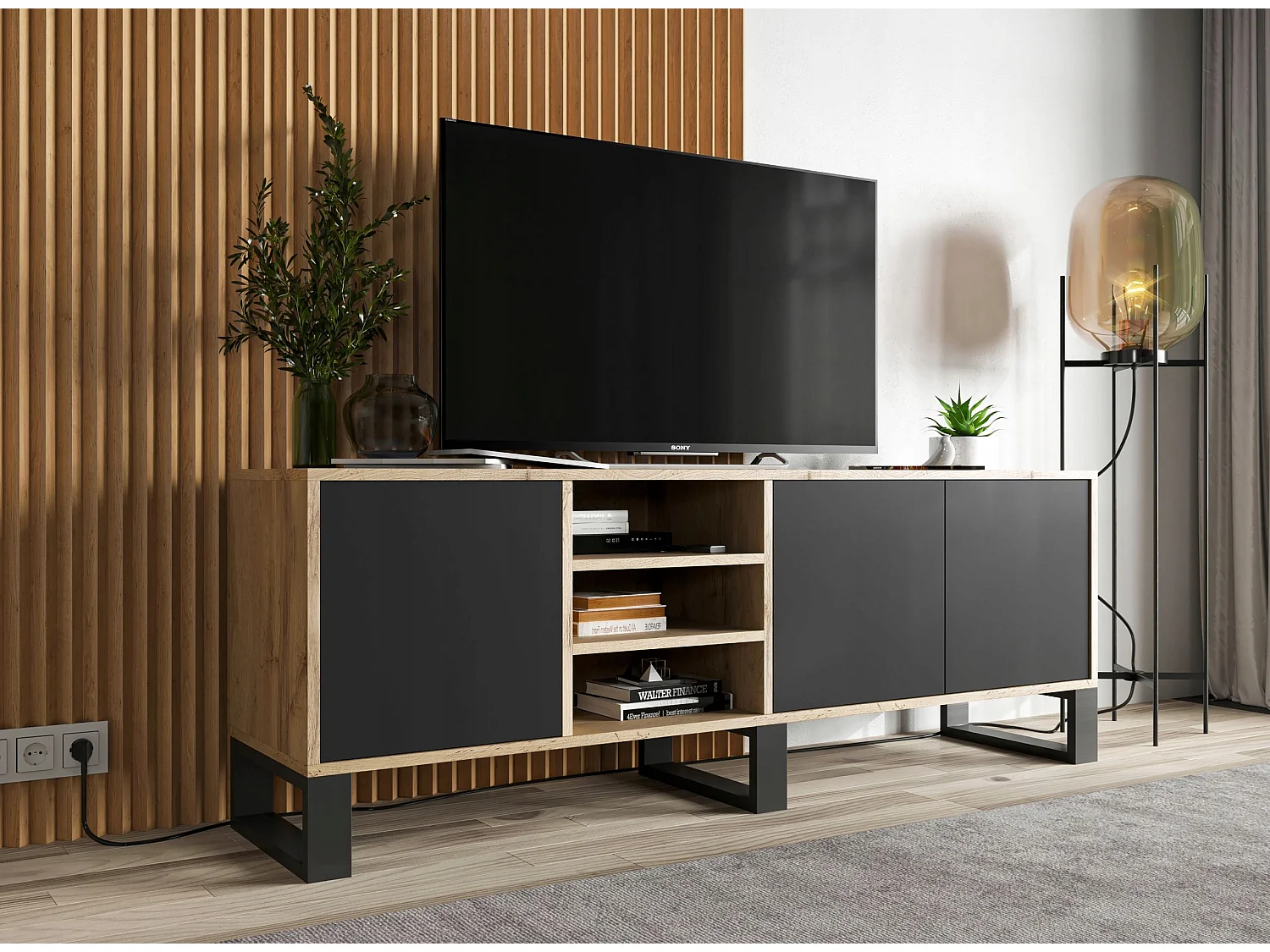 Meuble TV avec 3 portes et 1 niches - carcasse chêne wotan façades noir mat - 150 cm, pieds en métal