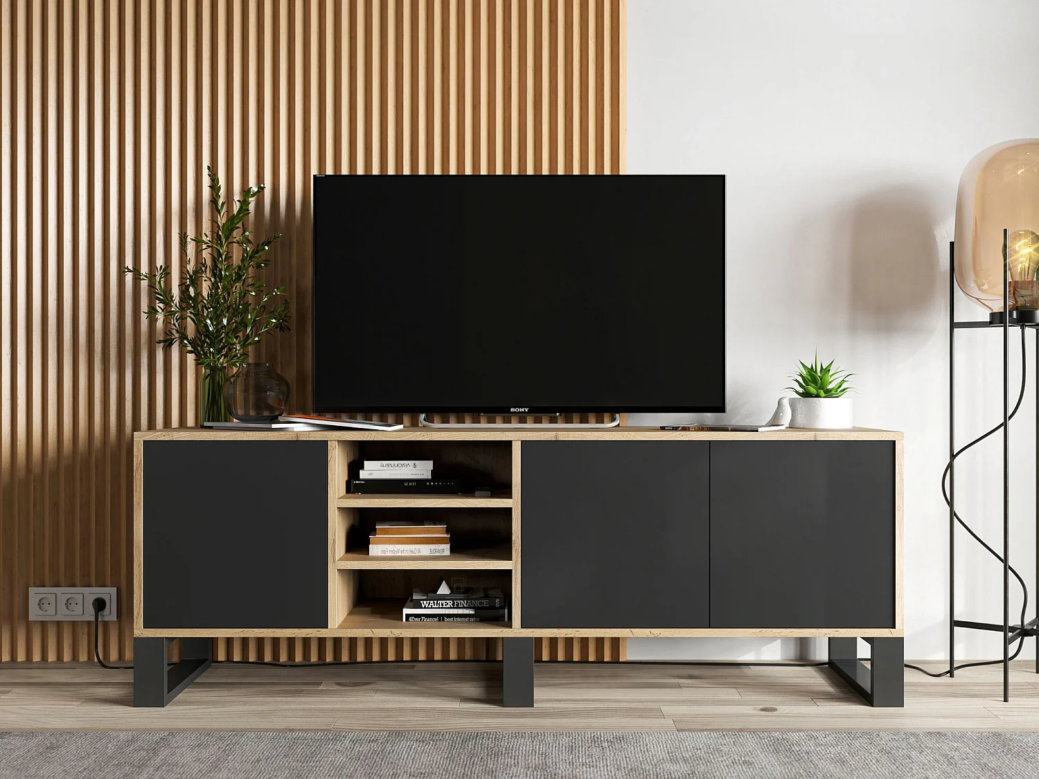 Meuble TV avec 3 portes et 1 niches - carcasse chêne wotan façades noir mat - 150 cm, pieds en métal