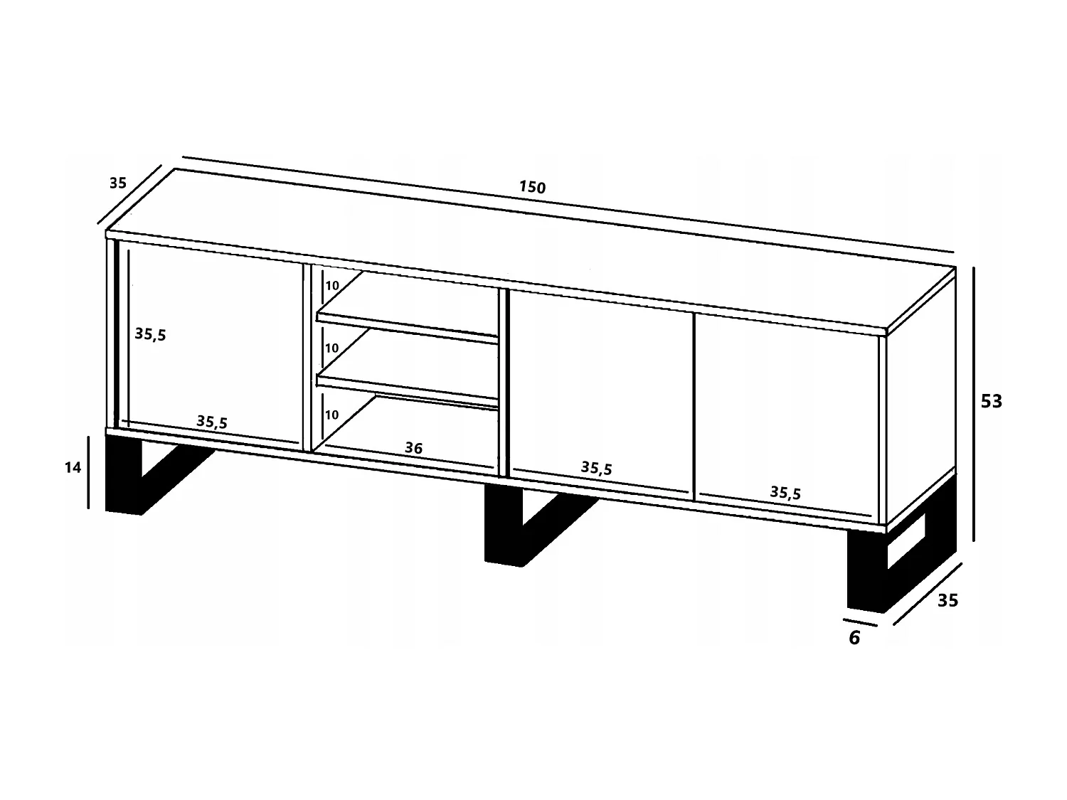 Meuble TV avec 3 portes et 1 niches - carcasse chêne wotan façades noir mat - 150 cm, pieds en métal