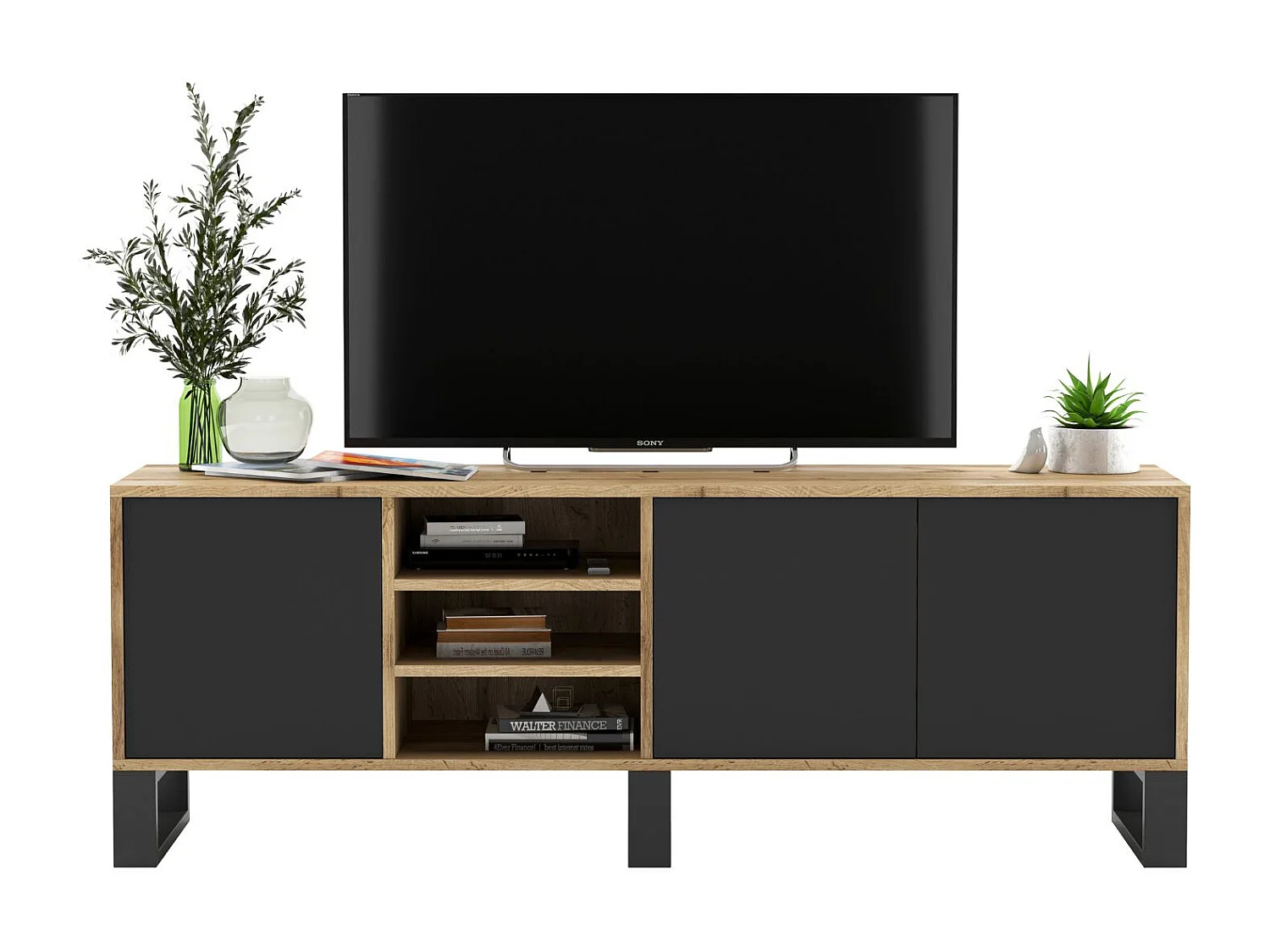 Tv-meubel met 3 deuren en 1 open vak - kast eiken wotan fronten mat zwart - 150 cm, metalen poten