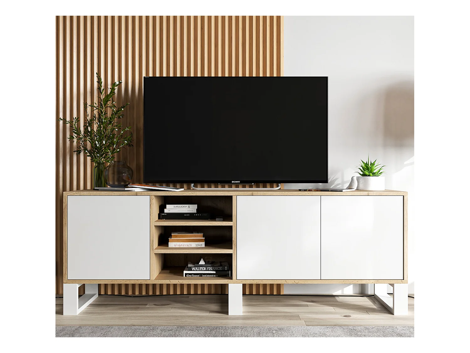 Meuble TV avec 3 portes et 1 niches - carcasse chêne wotan façades blanc mat - 150 cm, pieds en métal