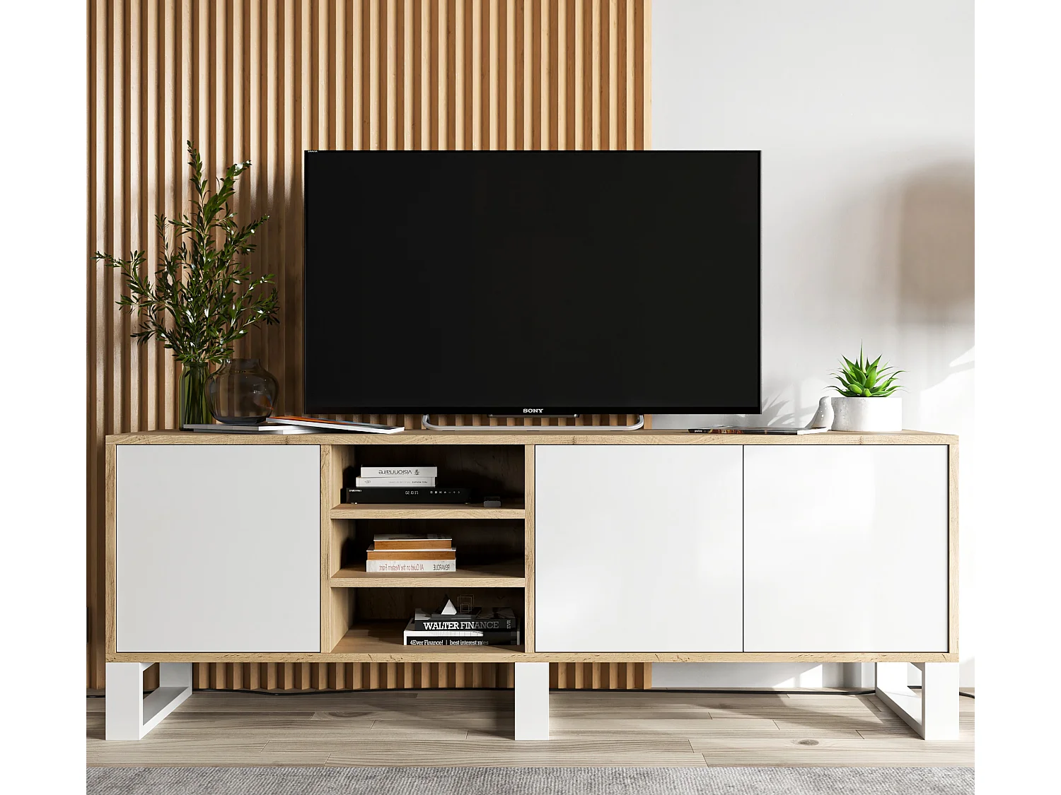 Meuble TV avec 3 portes et 1 niches - carcasse chêne wotan façades blanc mat - 150 cm, pieds en métal