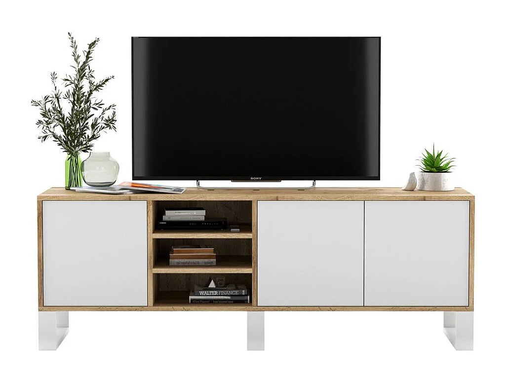 Meuble TV avec 3 portes et 1 niches - carcasse chêne wotan façades blanc mat - 150 cm, pieds en métal