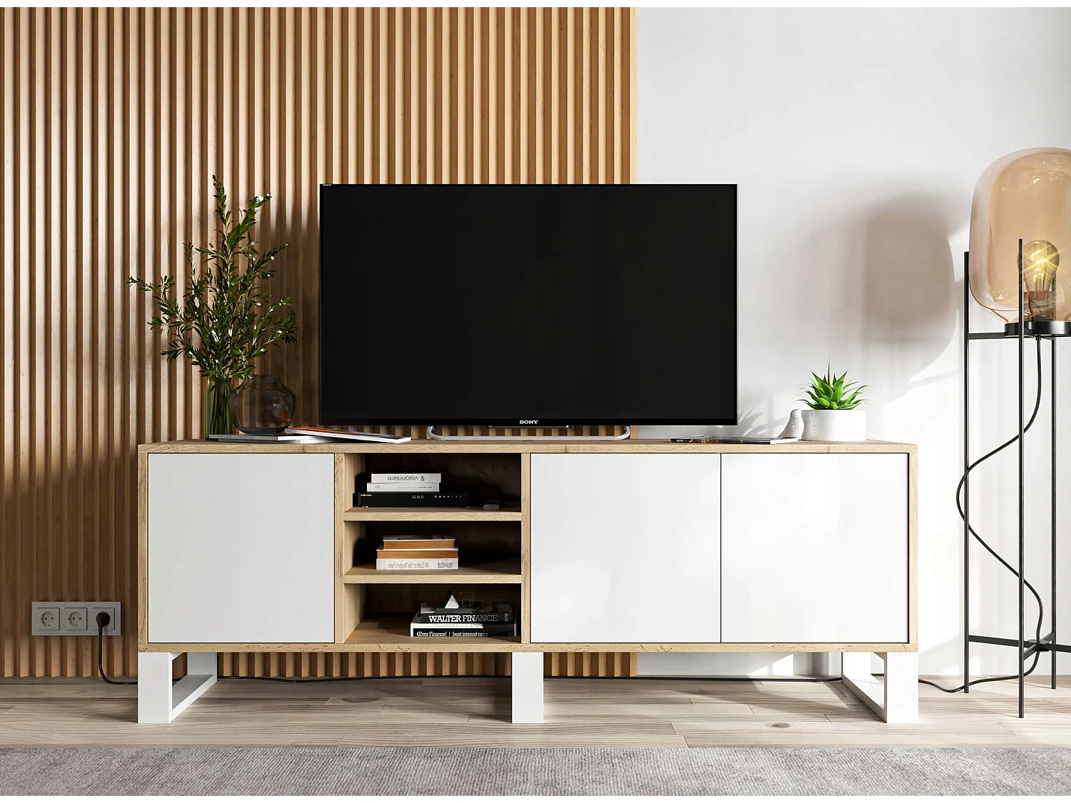 Meuble TV avec 3 portes et 1 niches - carcasse chêne wotan façades blanc mat - 150 cm, pieds en métal