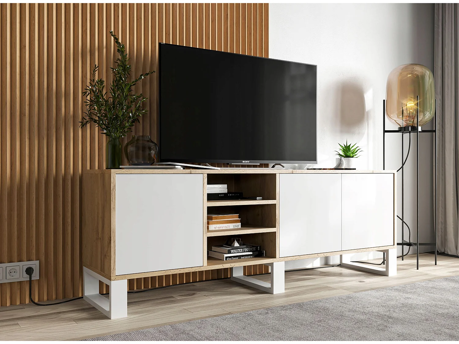 Meuble TV avec 3 portes et 1 niches - carcasse chêne wotan façades blanc mat - 150 cm, pieds en métal