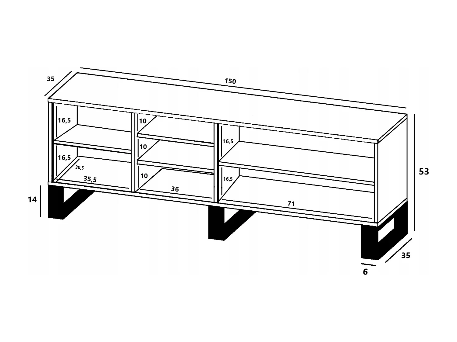 Meuble TV avec 3 portes et 1 niches - carcasse chêne wotan façades blanc mat - 150 cm, pieds en métal