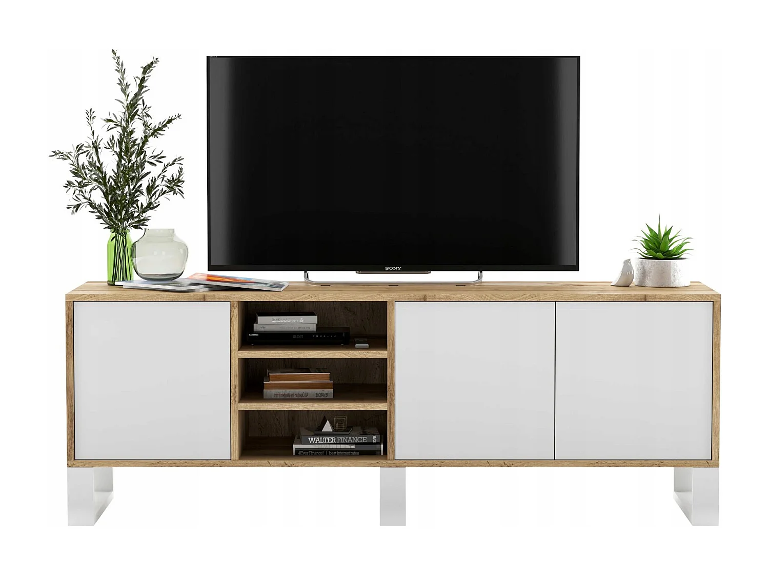 TV-Schrank mit 3 Türen und 1 Fach - Korpus Eiche Wotan Fronten mattweiß - 150 cm, Metallbeine