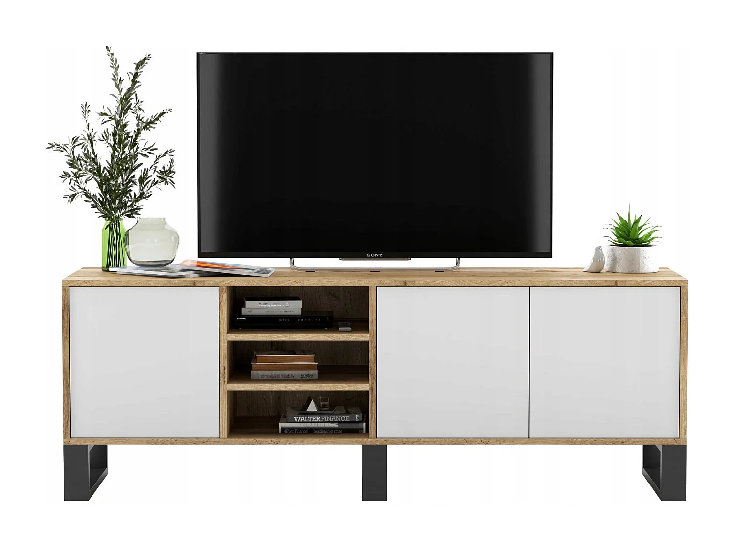 TV-Schrank mit 3 Türen und 1 Fach - Korpus Eiche Wotan Fronten mattweiß - 150 cm, Metallbeine