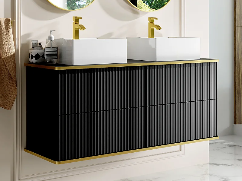 Hangmeubel voor badkamer met ribbels en goudkleurige rand met vierkante dubbele opbouwwastafel - Zwart - 120 cm - KELIZA