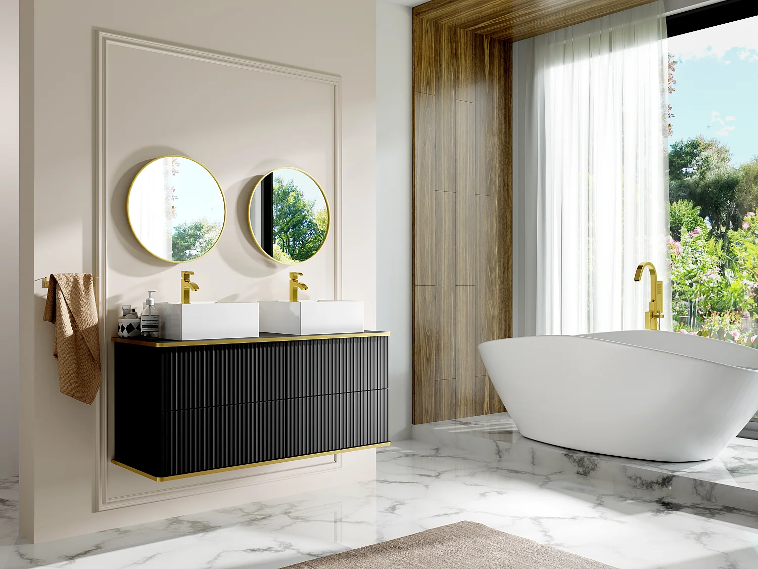 Meuble de salle de bain suspendu strié liseré doré avec double vasque à poser carrée - Noir - 120 cm - KELIZA