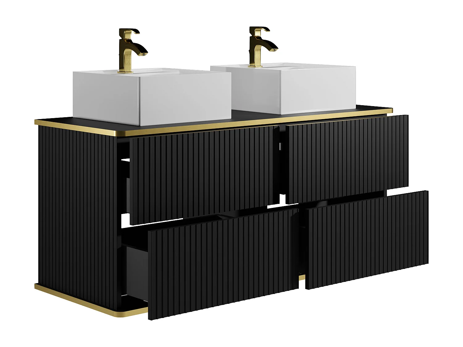 Hangmeubel voor badkamer met ribbels en goudkleurige rand met vierkante dubbele opbouwwastafel - Zwart - 120 cm - KELIZA