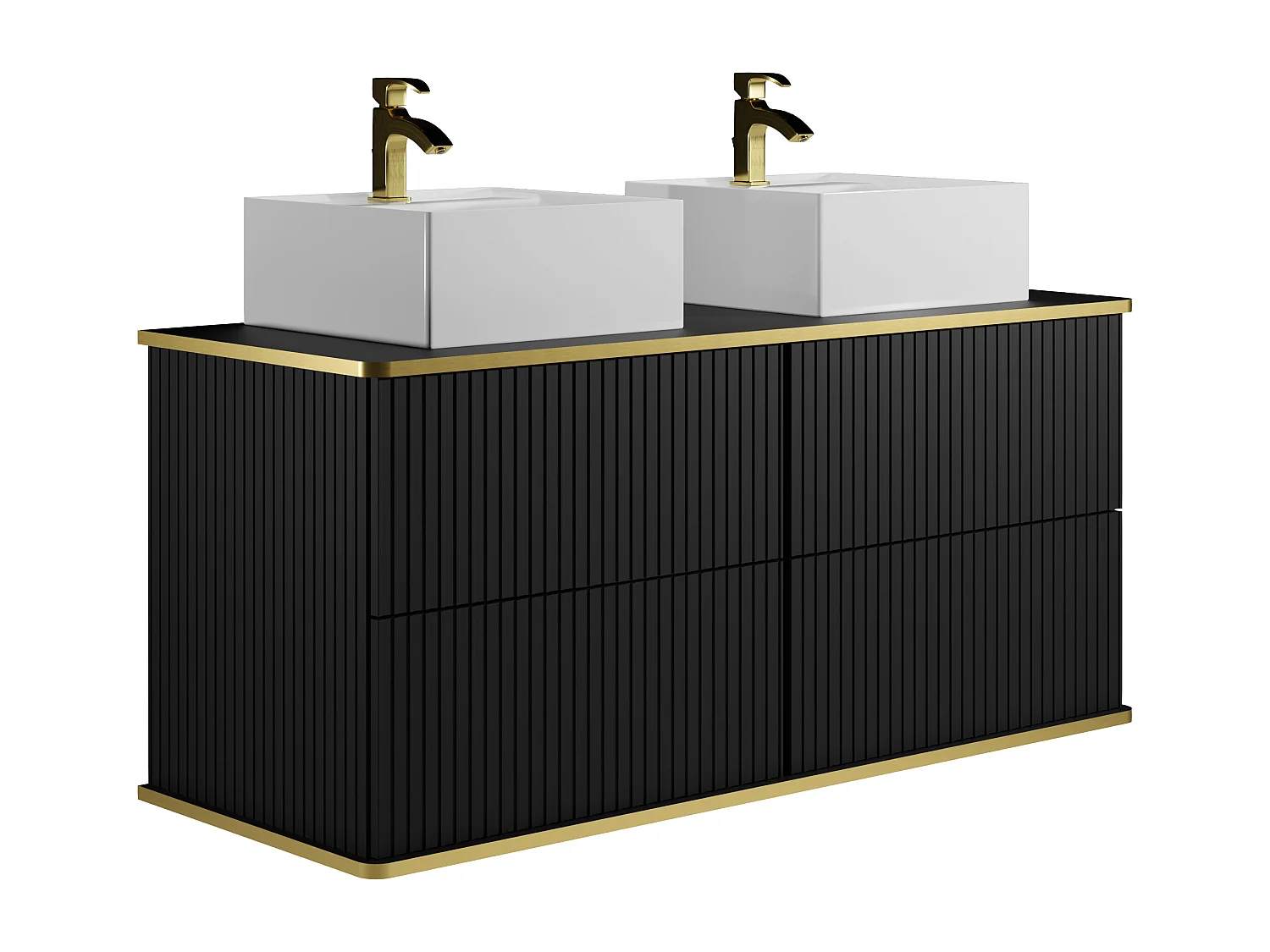 Hangmeubel voor badkamer met ribbels en goudkleurige rand met vierkante dubbele opbouwwastafel - Zwart - 120 cm - KELIZA