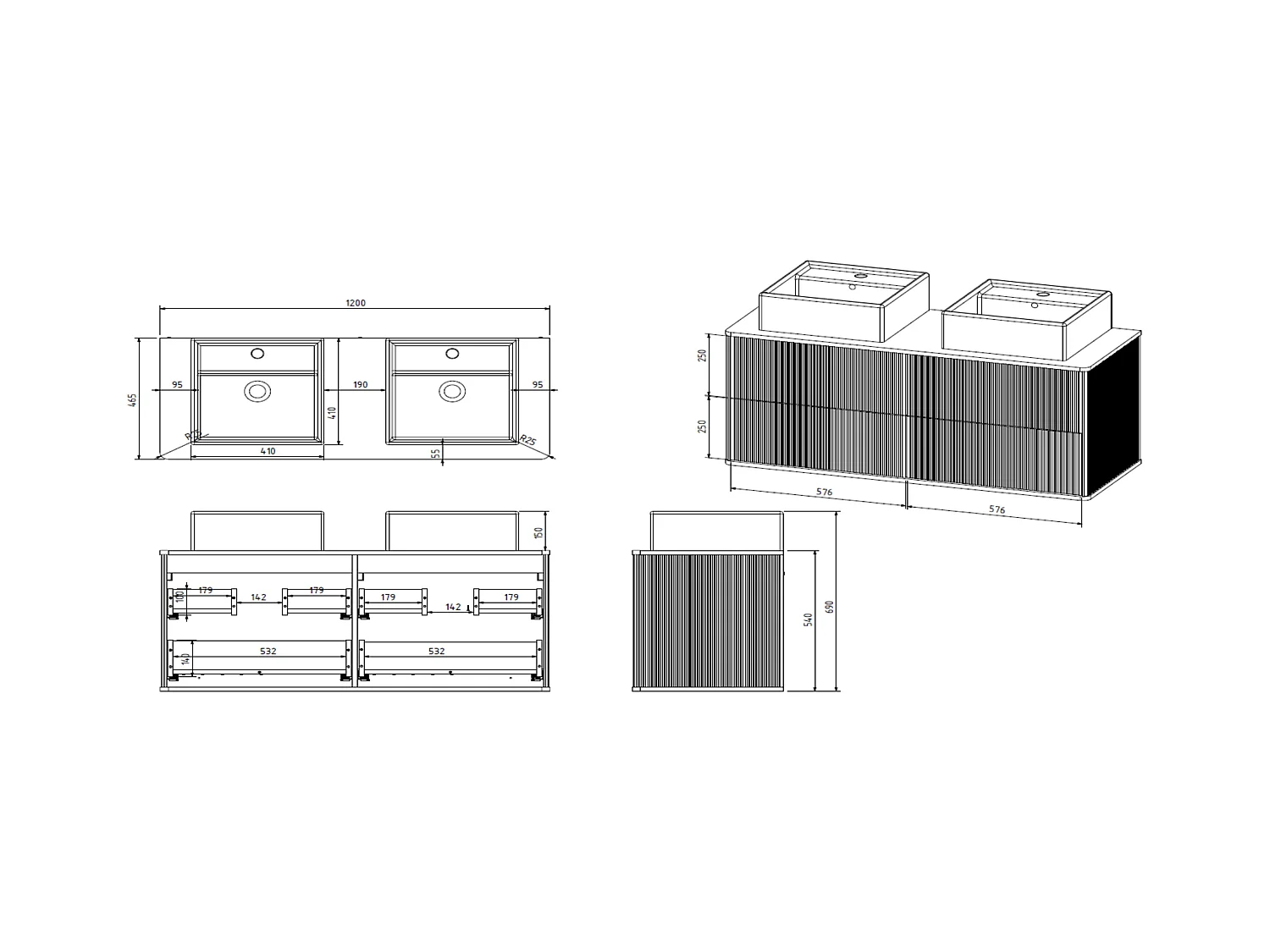 Baderomsmøblet med stripete gullfargede dekorerte med dobbeltvasak mob innbygget kvadelamja - Svart - 120 cm - KELIZA