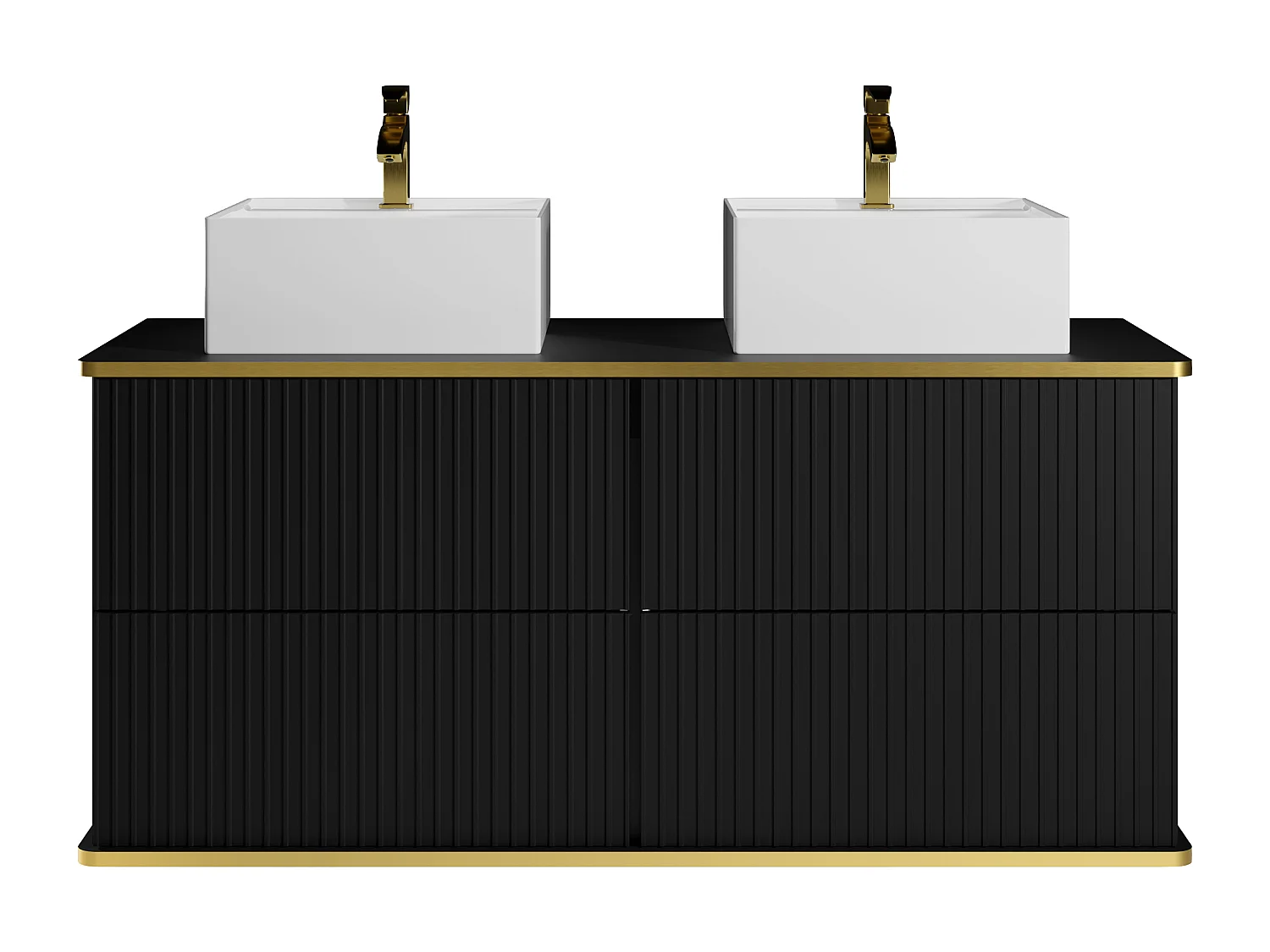 Hangmeubel voor badkamer met ribbels en goudkleurige rand met vierkante dubbele opbouwwastafel - Zwart - 120 cm - KELIZA