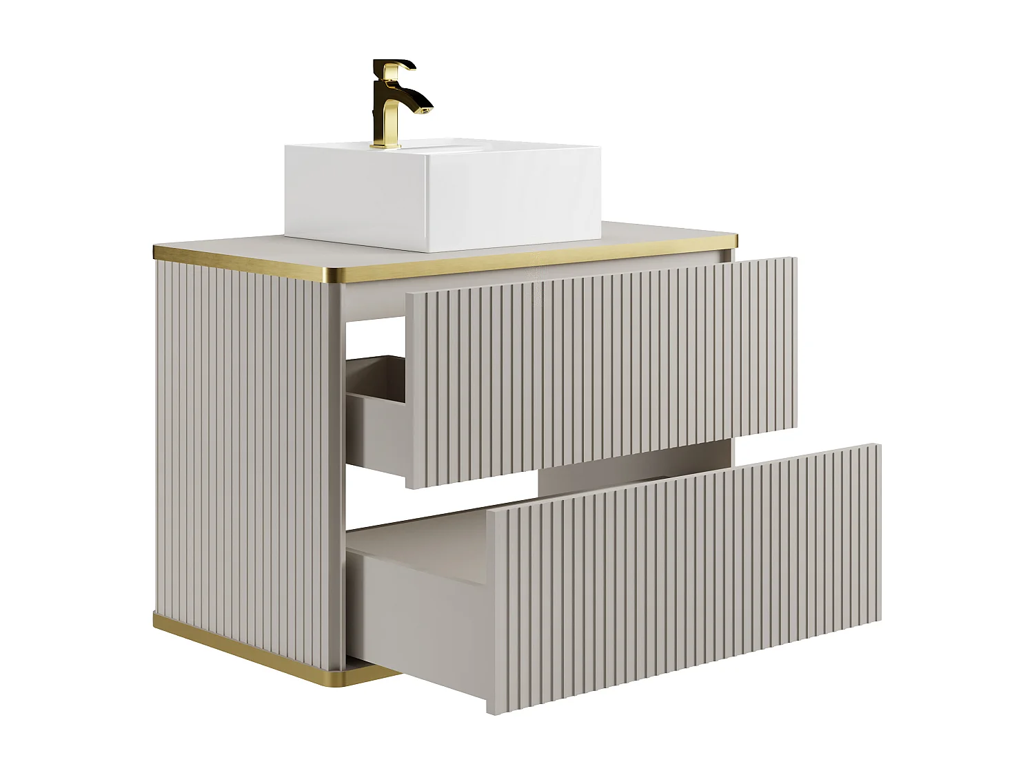 Waschbeckenunterschrank hängend mit quadratischem Aufsatzwaschbecken - Streifenoptik - Goldfarbene Umrandung - Beige - 80 cm - KELIZA