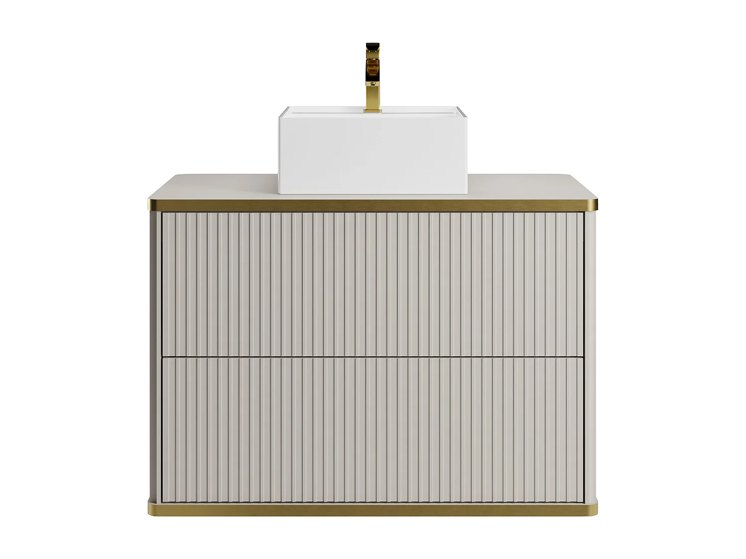 Waschbeckenunterschrank hängend mit quadratischem Aufsatzwaschbecken - Streifenoptik - Goldfarbene Umrandung - Beige - 80 cm - KELIZA