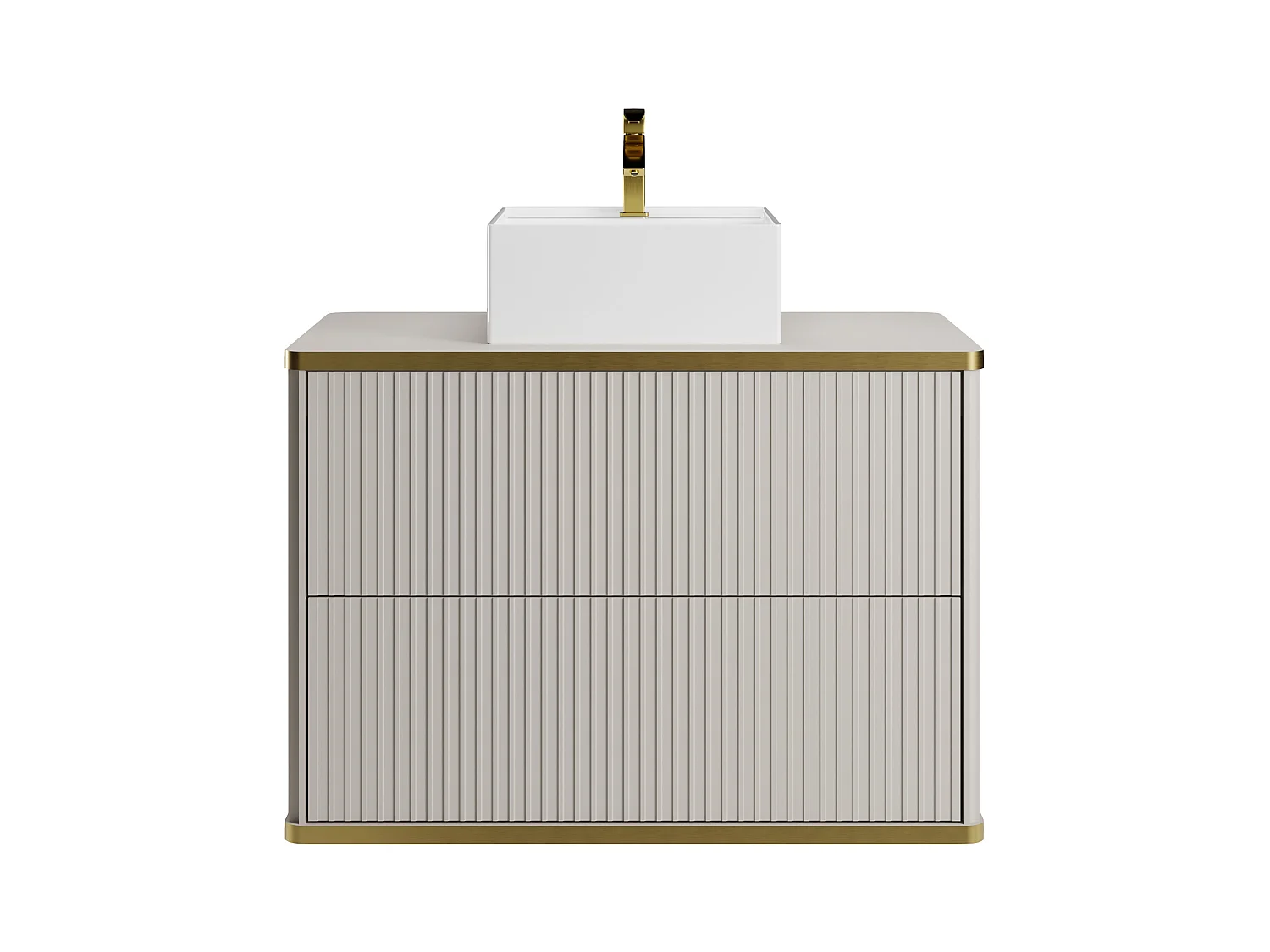 Hangmeubel voor badkamer met ribbels en goudkleurige rand met vierkante opbouwwastafel - Beige - 80 cm - KELIZA