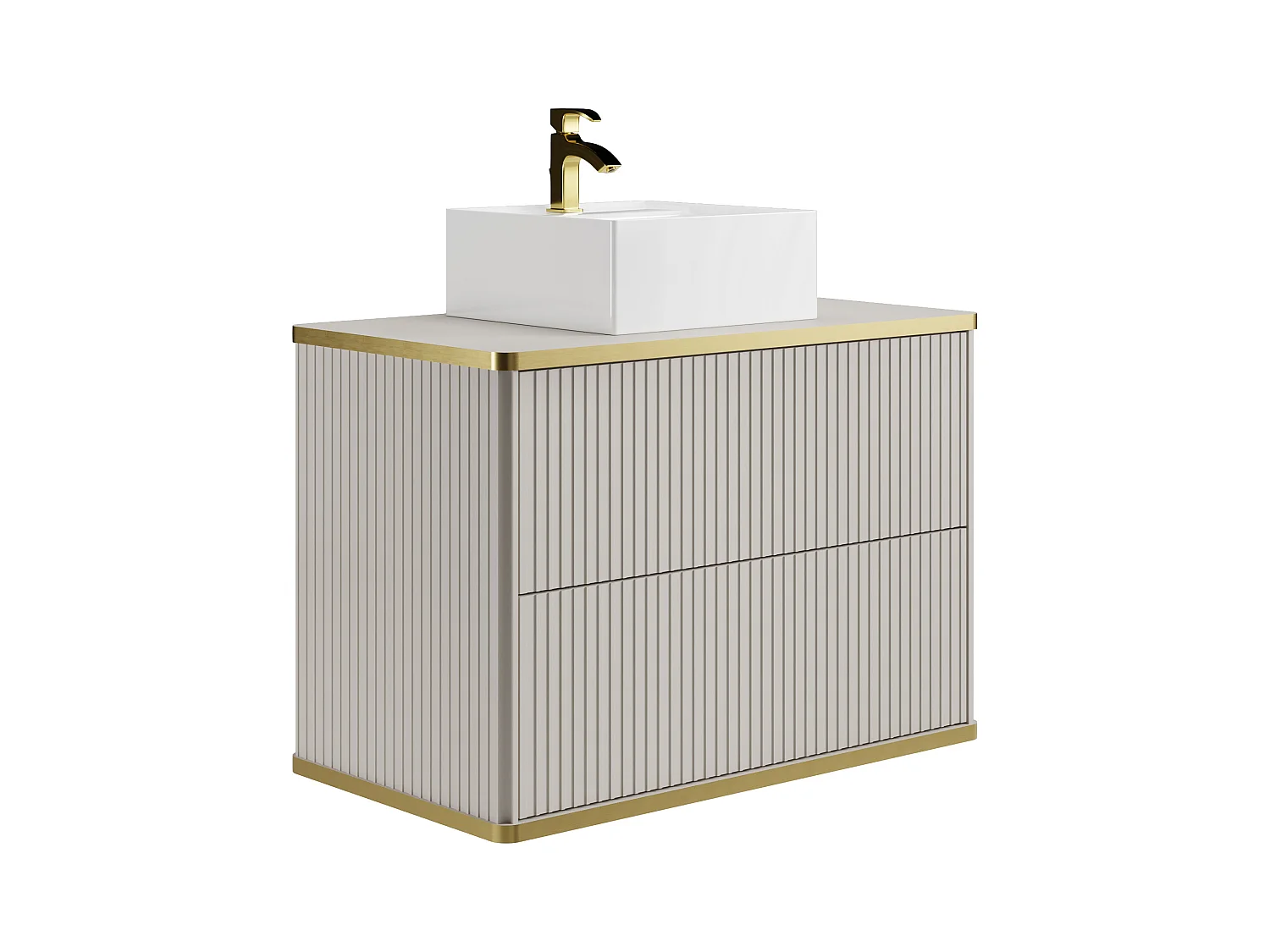 Waschbeckenunterschrank hängend mit quadratischem Aufsatzwaschbecken - Streifenoptik - Goldfarbene Umrandung - Beige - 80 cm - KELIZA