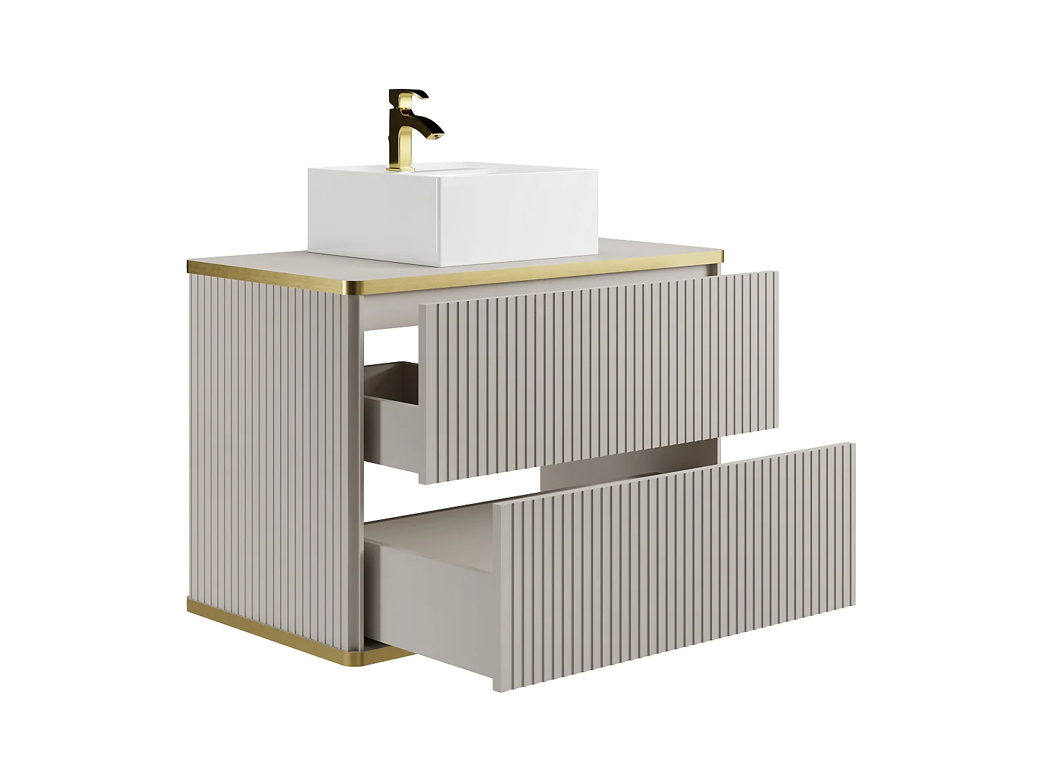 Waschbeckenunterschrank hängend mit quadratischem Aufsatzwaschbecken - Streifenoptik - Goldfarbene Umrandung - Beige - 80 cm - KELIZA