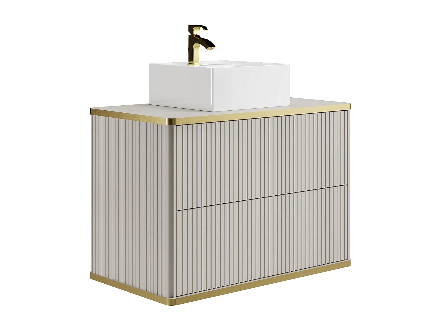 Upphängt badrumsskåp med räfflat guldkantad inredning med fyrkantig handfat - Beige - 80 cm - KELIZA