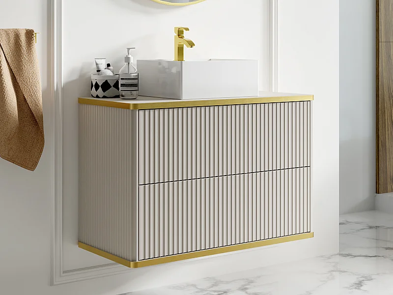 Waschbeckenunterschrank hängend mit quadratischem Aufsatzwaschbecken - Streifenoptik - Goldfarbene Umrandung - Beige - 80 cm - KELIZA