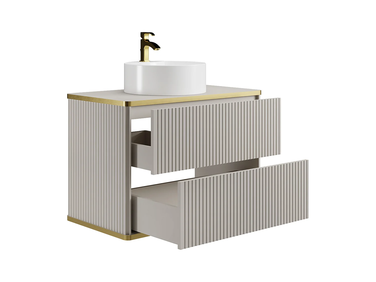 Waschbeckenunterschrank hängend mit rundem Aufsatzwaschbecken - Streifenoptik - Goldfarbene Umrandung - Beige - 80 cm - KELIZA