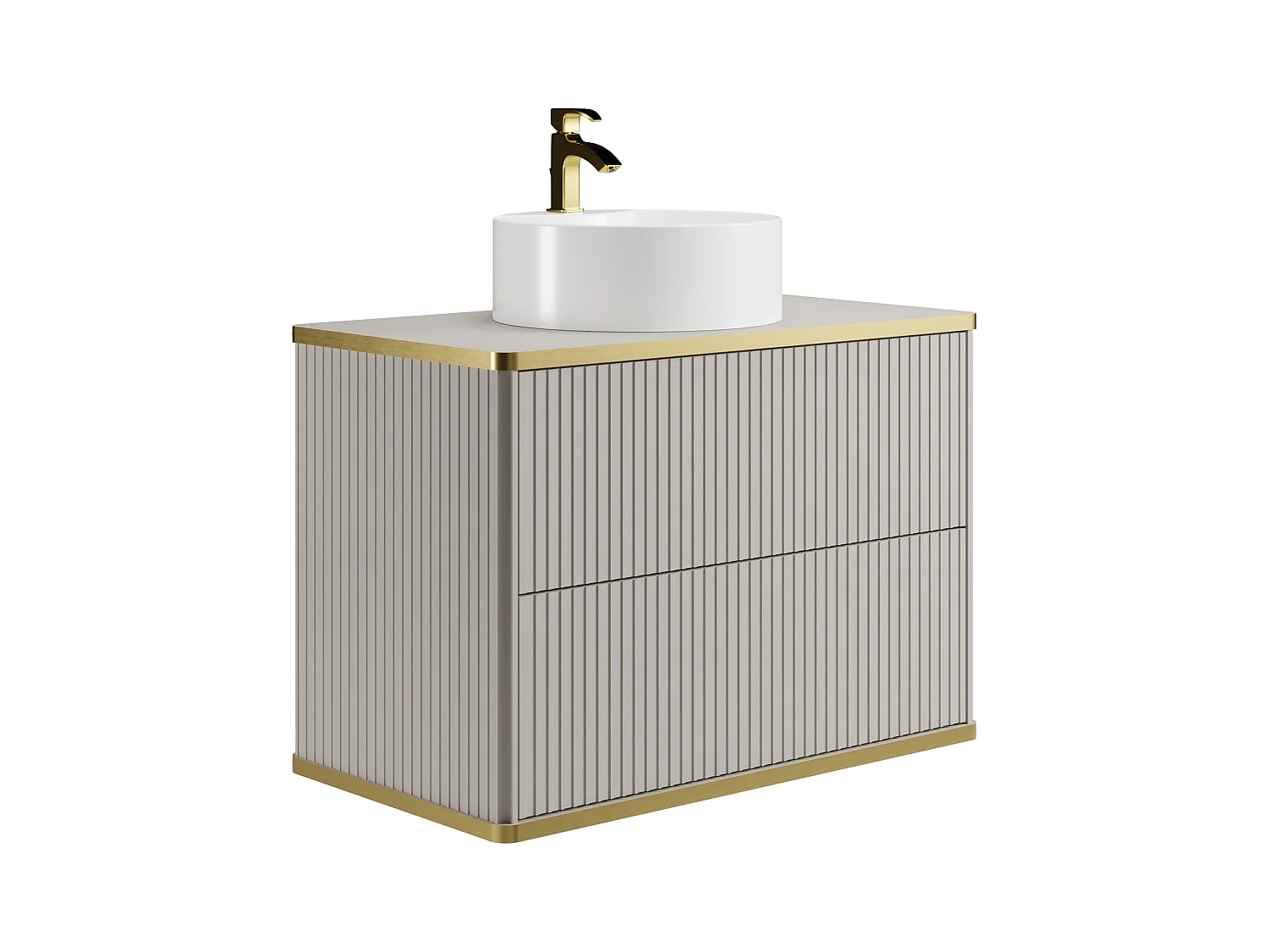 Waschbeckenunterschrank hängend mit rundem Aufsatzwaschbecken - Streifenoptik - Goldfarbene Umrandung - Beige - 80 cm - KELIZA