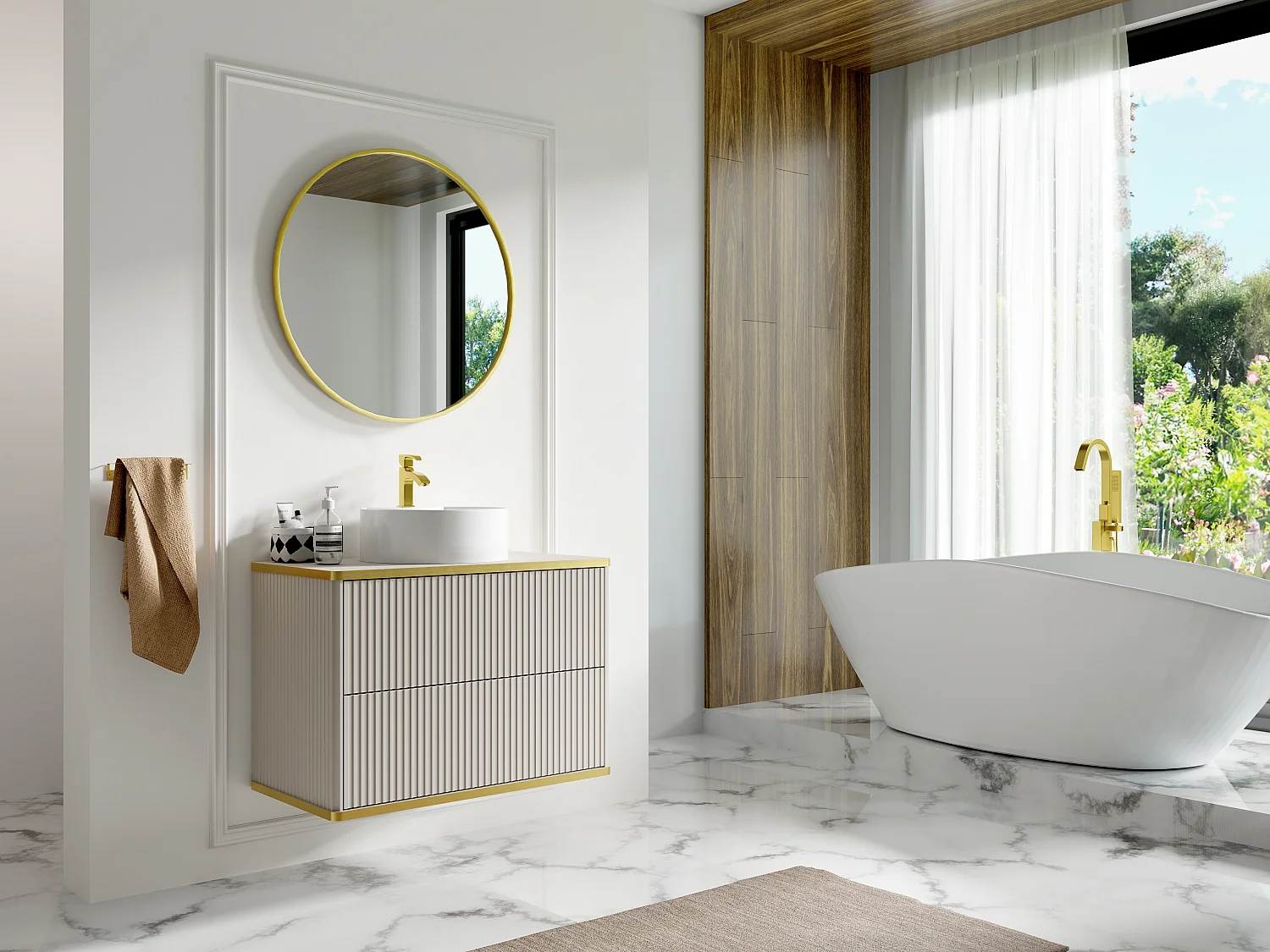 Meuble de salle de bain suspendu strié liseré doré avec vasque à poser ronde - Beige - 80 cm - KELIZA