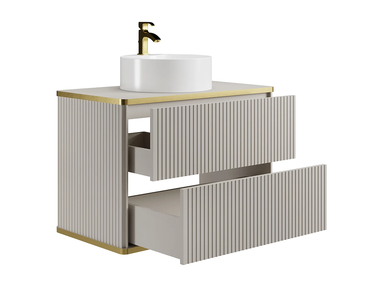 Hangmeubel voor badkamer met ribbels en goudkleurige rand met ronde opbouwwastafel - Beige - 80 cm - KELIZA