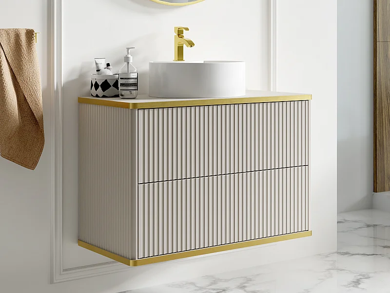 Waschbeckenunterschrank hängend mit rundem Aufsatzwaschbecken - Streifenoptik - Goldfarbene Umrandung - Beige - 80 cm - KELIZA