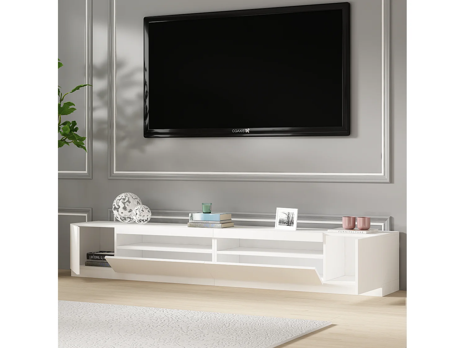 TV Lowboard Weiß mit LED-Leuchten Hochglanz 9178