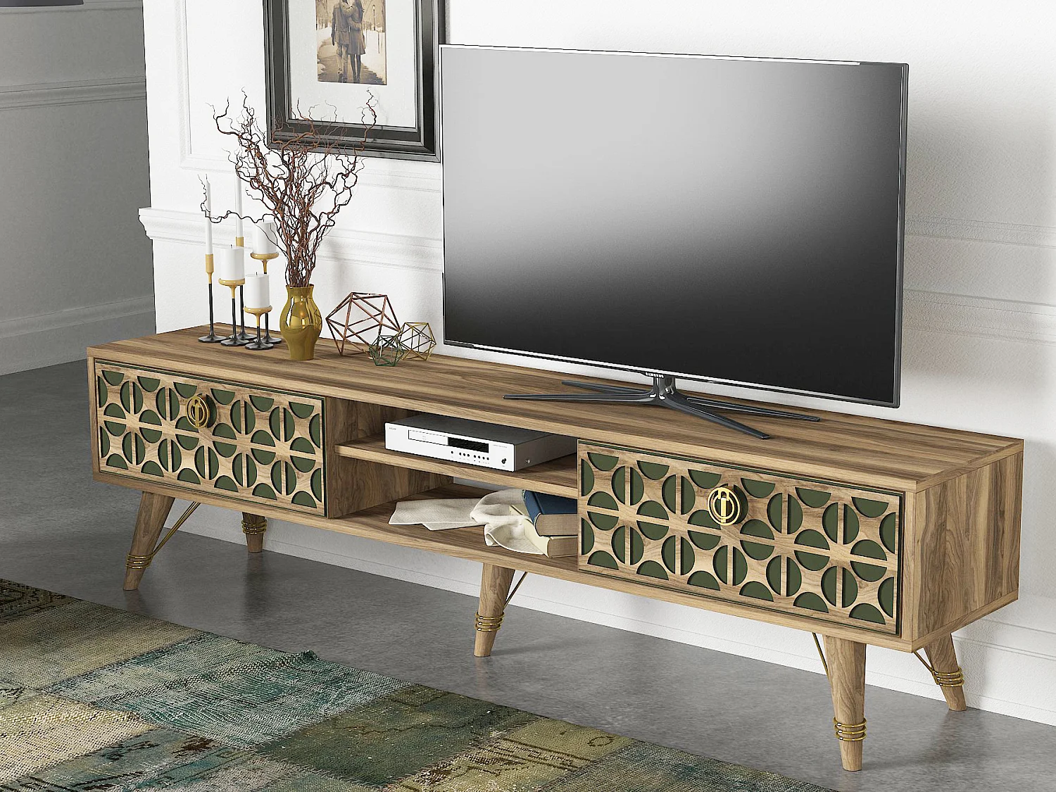 TV Lowboard Valente Walnuss Dunkelgrün