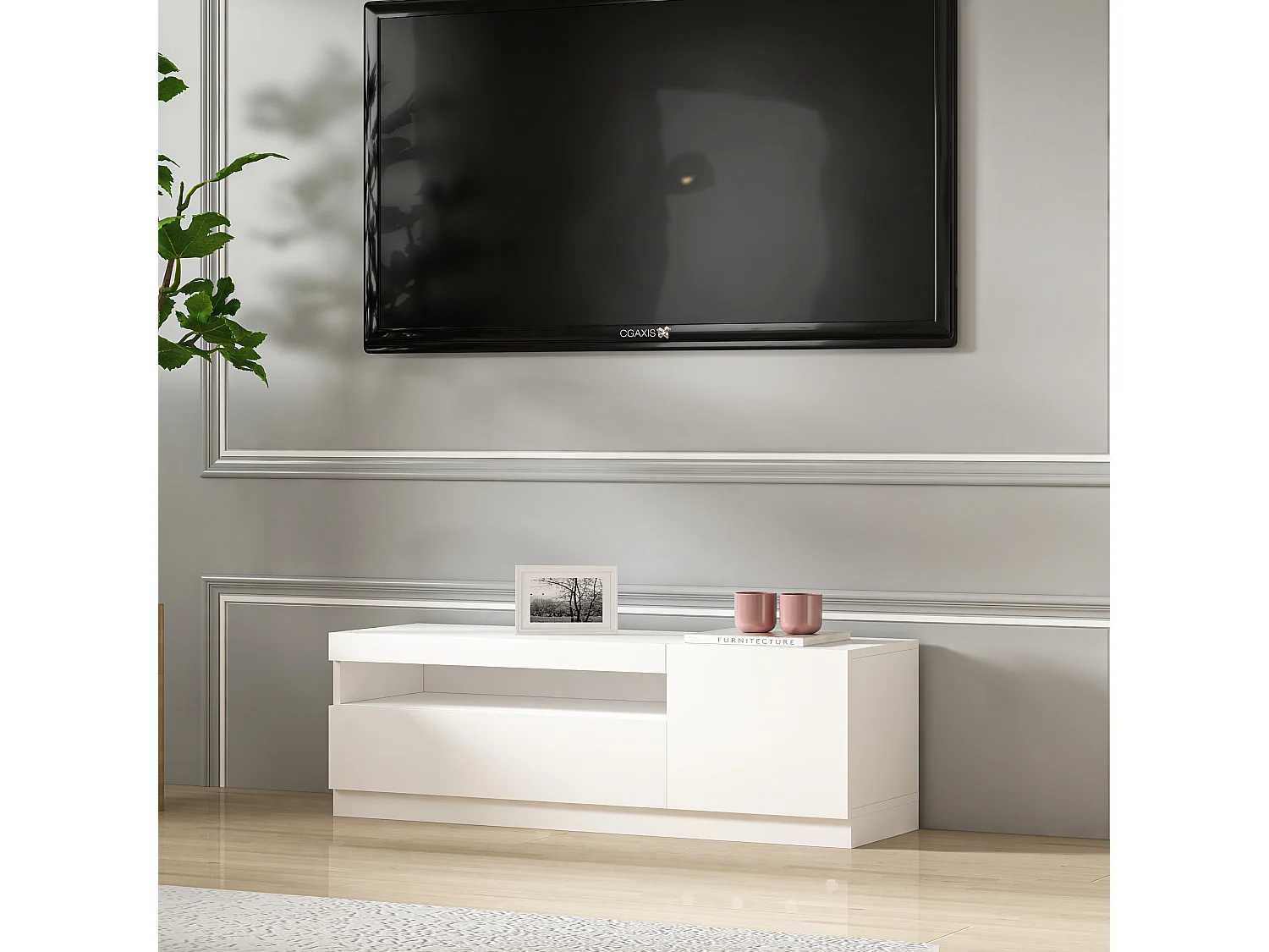 TV Lowboard Weiß mit LED-Leuchten Hochglanz Rechts 1/2 9475