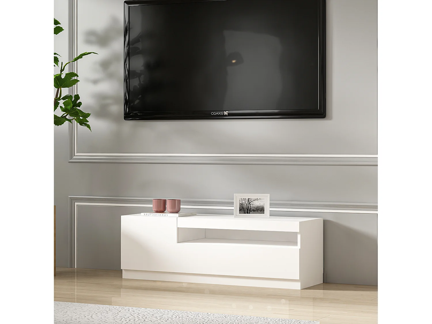 TV Lowboard Weiß mit LED-Leuchten Hochglanz Links 2/2 9482