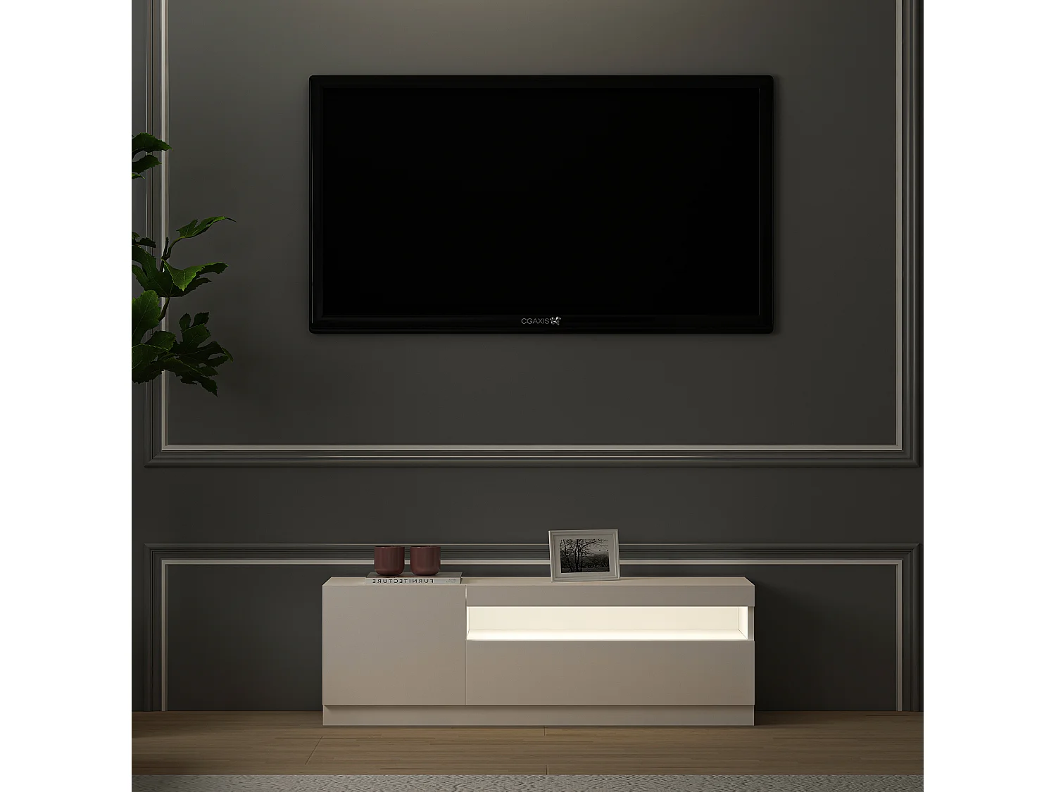 TV Lowboard Weiß mit LED-Leuchten Hochglanz Links 2/2 9482