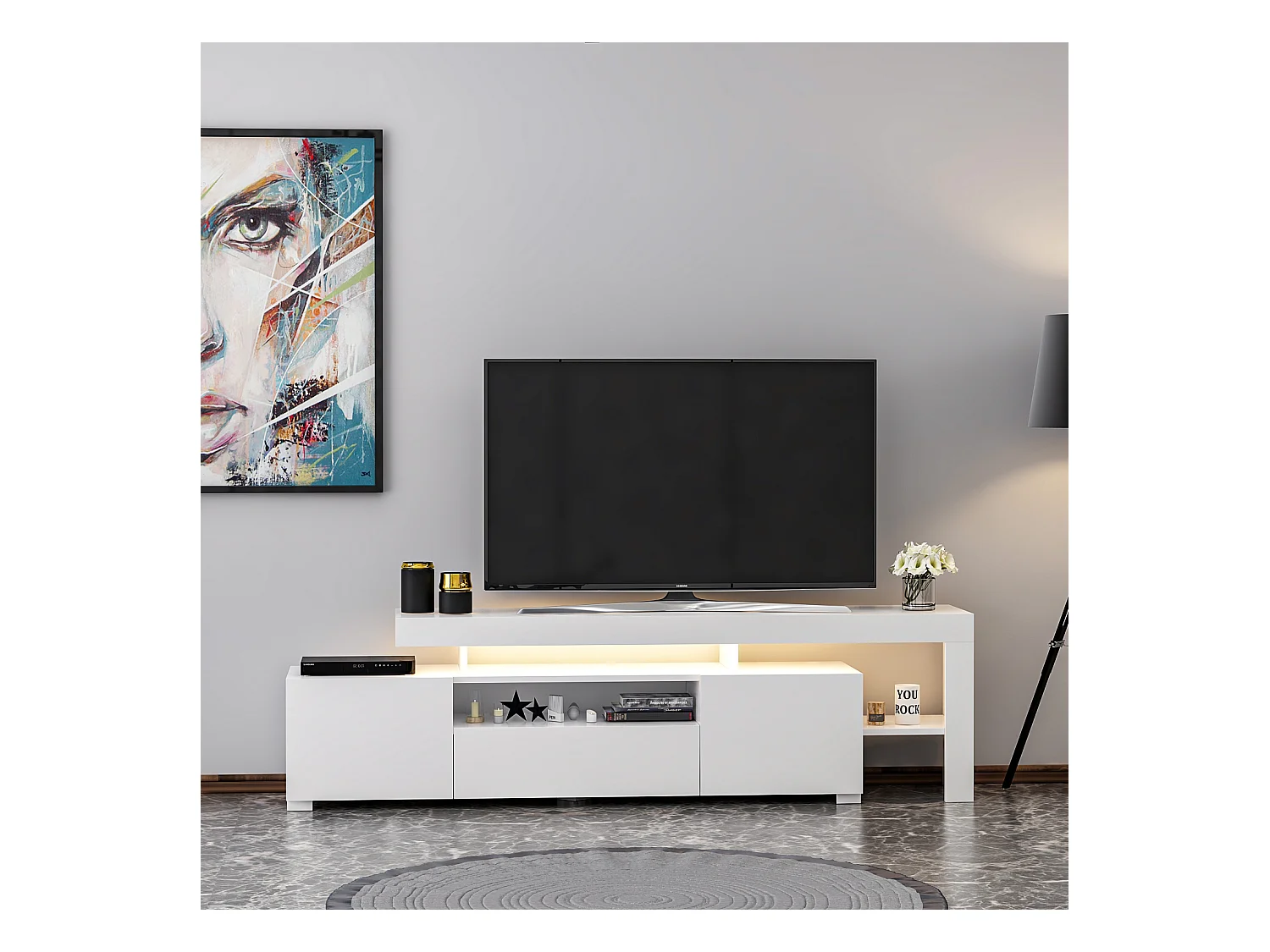 TV Lowboard Weiß mit LED-Leuchten Hochglanz 9048
