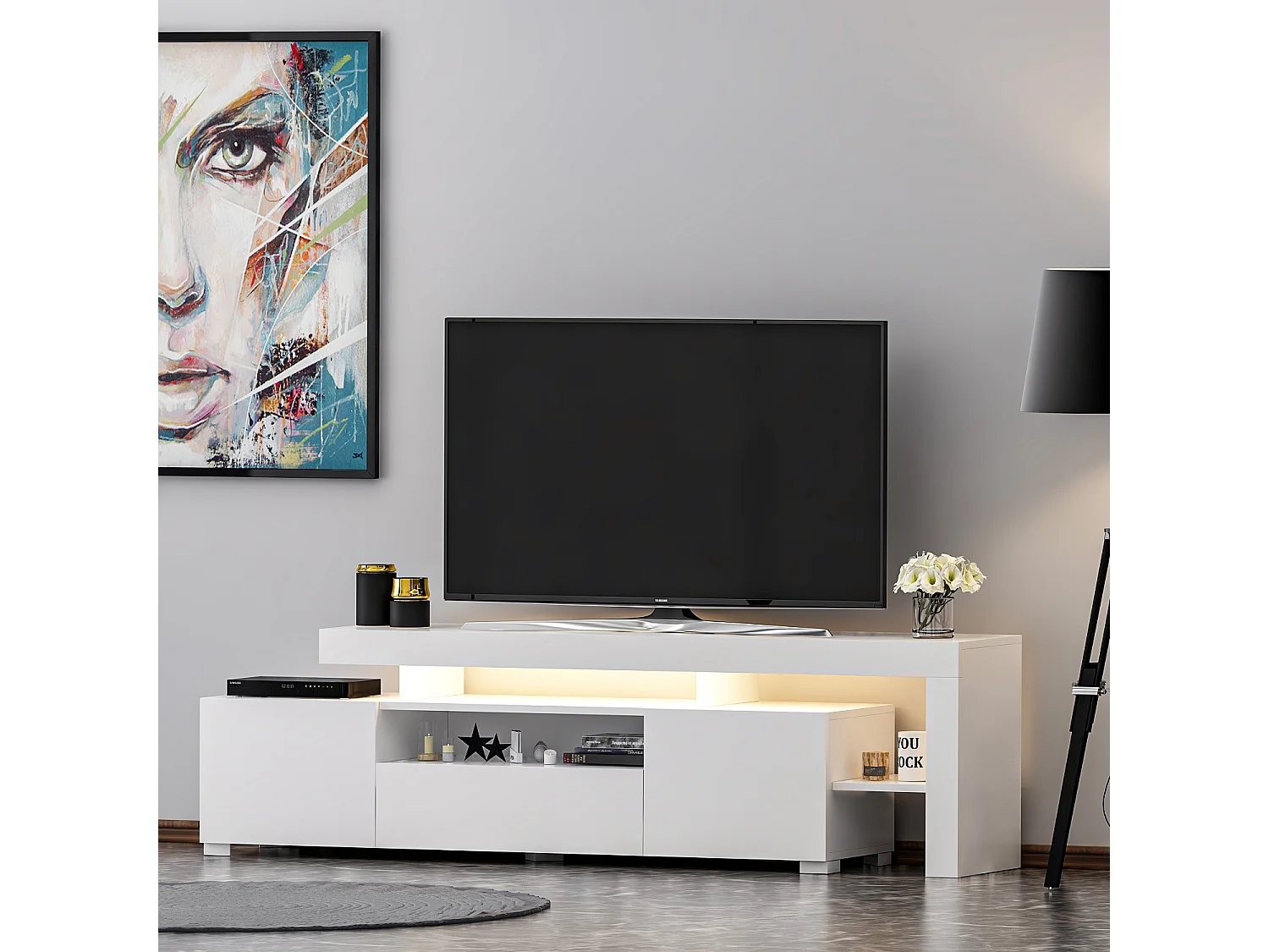 TV Lowboard Weiß mit LED-Leuchten Hochglanz 9048