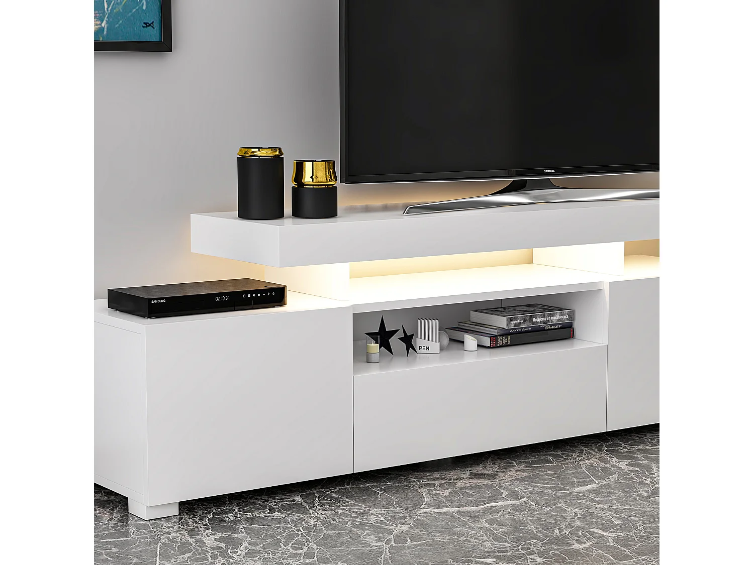 TV Lowboard Weiß mit LED-Leuchten Hochglanz 9048