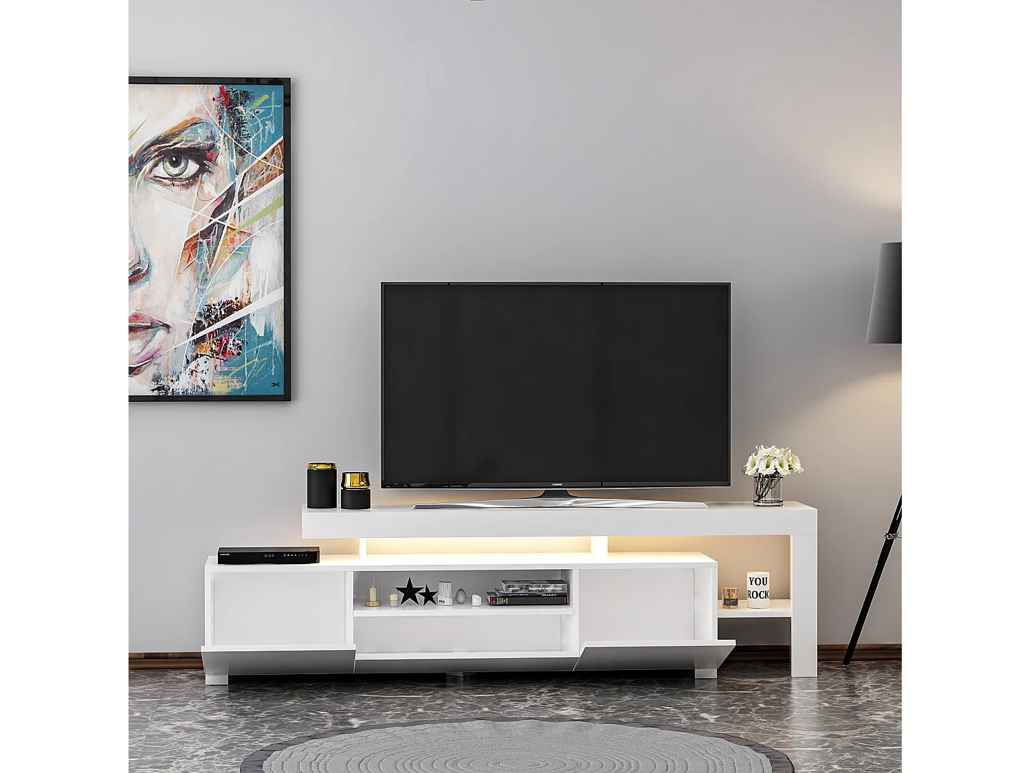 TV Lowboard Weiß mit LED-Leuchten Hochglanz 9048