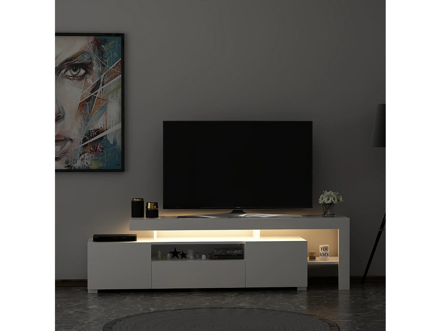 TV Lowboard Weiß mit LED-Leuchten Hochglanz 9048