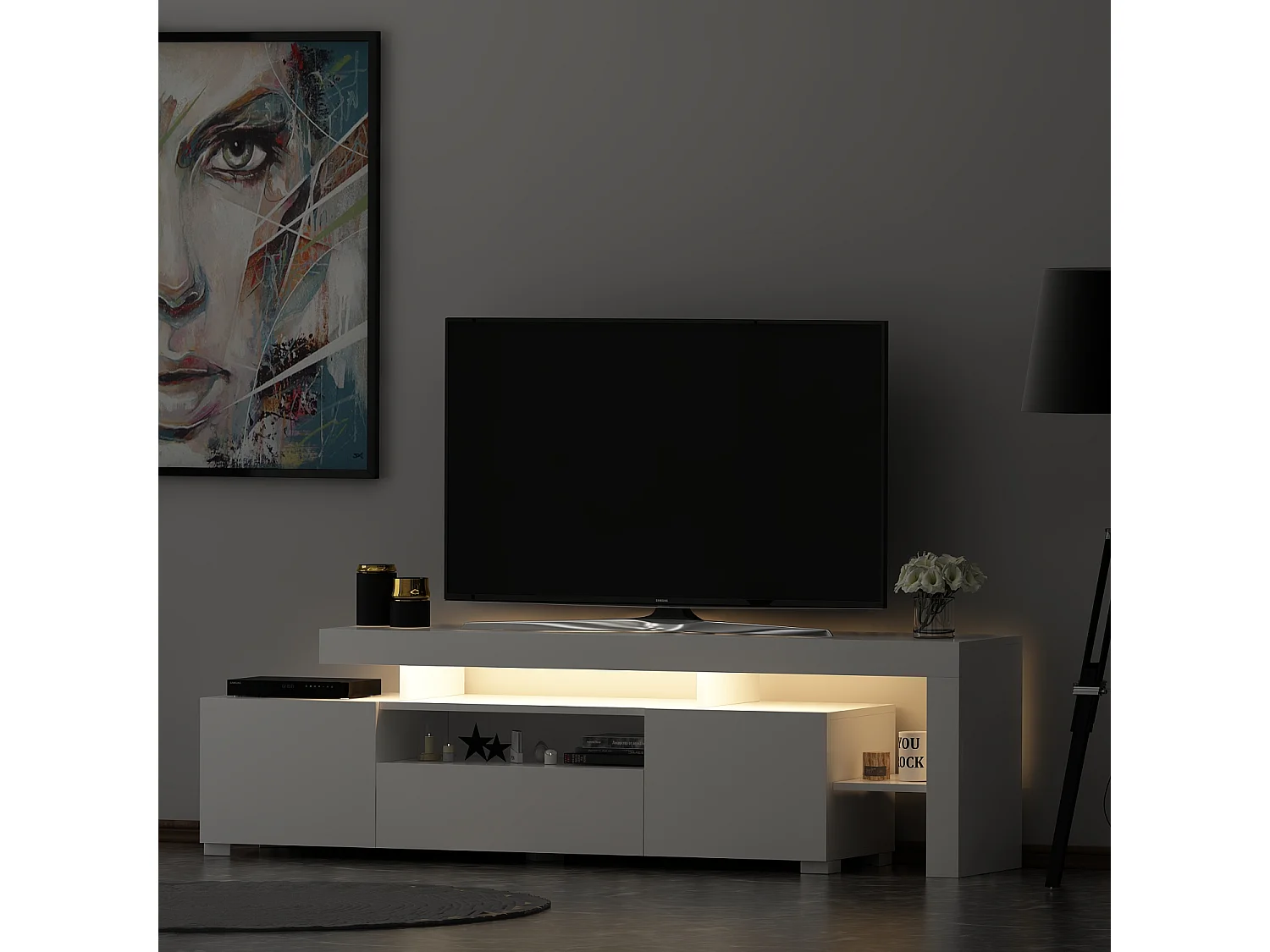 TV Lowboard Weiß mit LED-Leuchten Hochglanz 9048