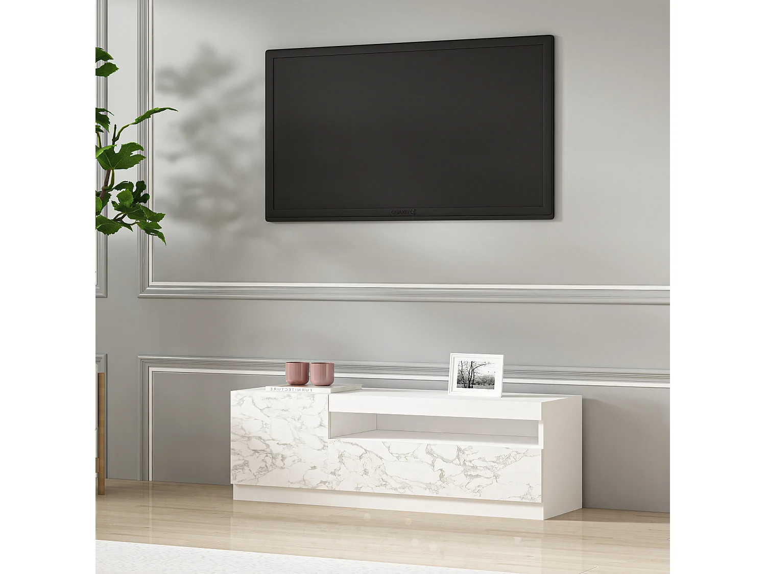 TV Lowboard Weiß mit LED-Leuchten Links 2/2 (teil Marmor Optik) 9505