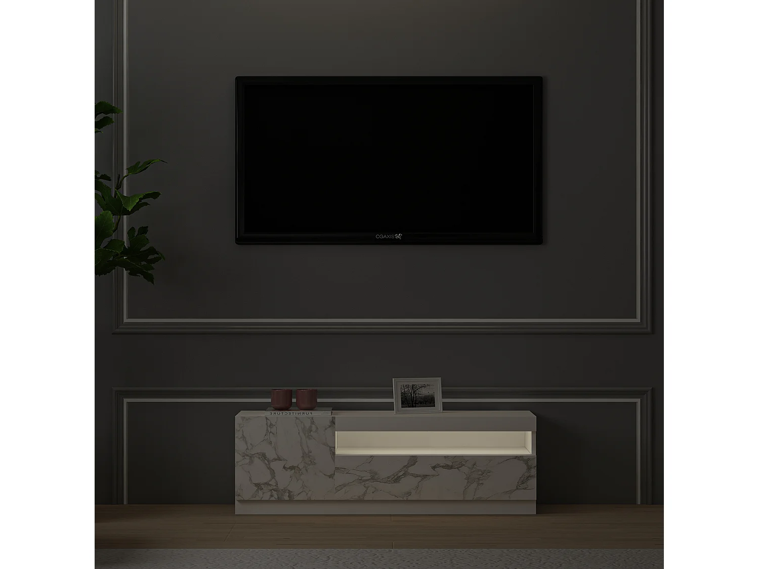 TV Lowboard Weiß mit LED-Leuchten Links 2/2 (teil Marmor Optik) 9505