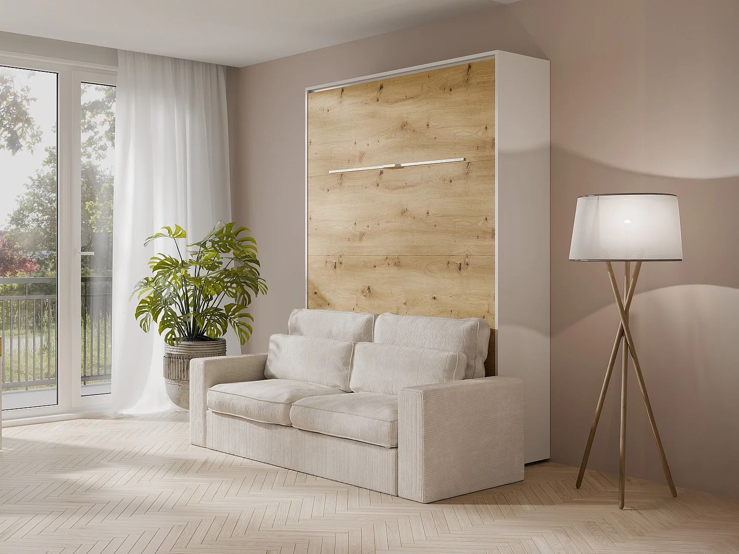 Sängskåp 160 x 200 cm - Manuell vertikal öppning - Med LED-belysning - Vit och natur + Soffa - RAPILI