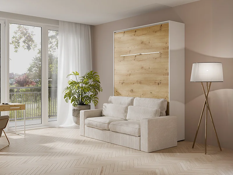 Schrankbett + Sofa - 160 x 200 cm - Manuelle vertikale Öffnung - Mit LED-Beleuchtung - Weiß & Holzfarben - RAPILI